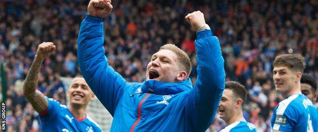 Injured striker Martyn Waghorn joins in the Rangers celebrations