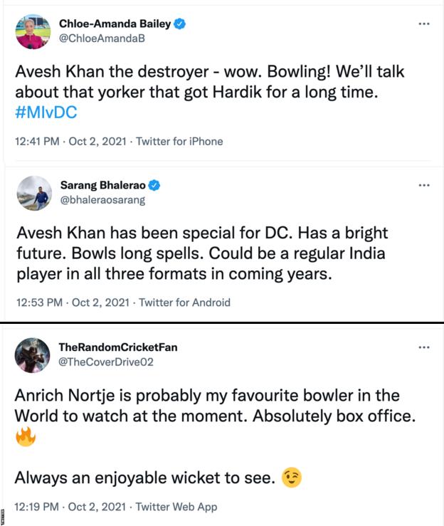 Tweets praising Delhi Capital bowlers Avesh Khan and Anrich Nortje