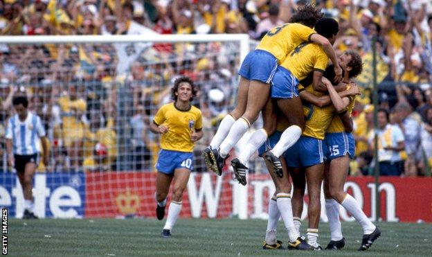 Brazil celebrates scoring against Argentina in the 1982 World Cup