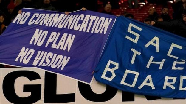 Everton fans hold up banners during the FA Cup third-round defeat at Manchester United