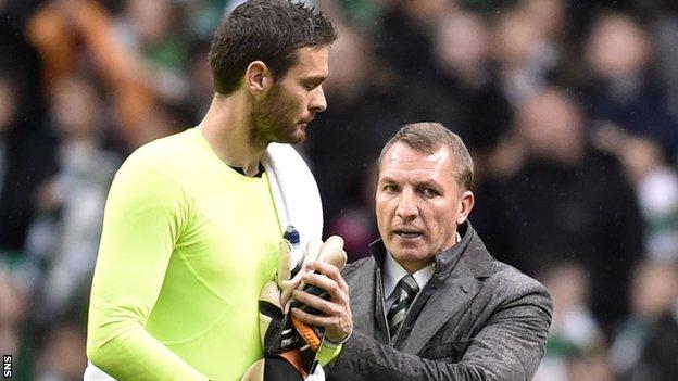 Craig Gordon speaks to Celtic boss Brendan Rodgers after their 6-1 win over Kilmarnock