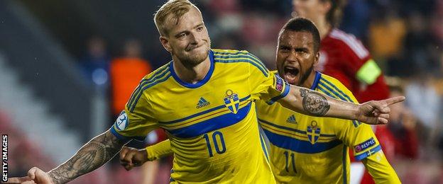 Sweden's John Guidetti celebrates scoring for Sweden's under-21s