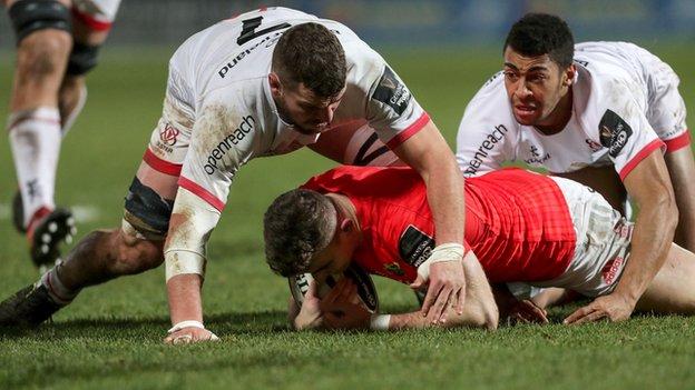 Sean Reidy and Robert Baloucoune in action for Ulster against Munster in January