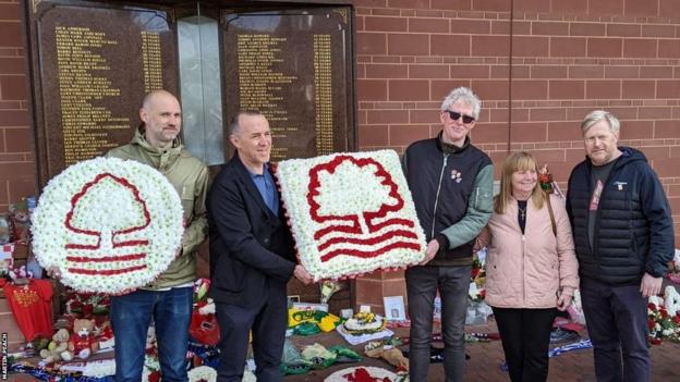 Martin Peach, Andy Caddell, Peter Hillier, Margaret Aspinall and Peter Scarfe at the Liverpool eternal flame memorial to those who died at Hillsborough