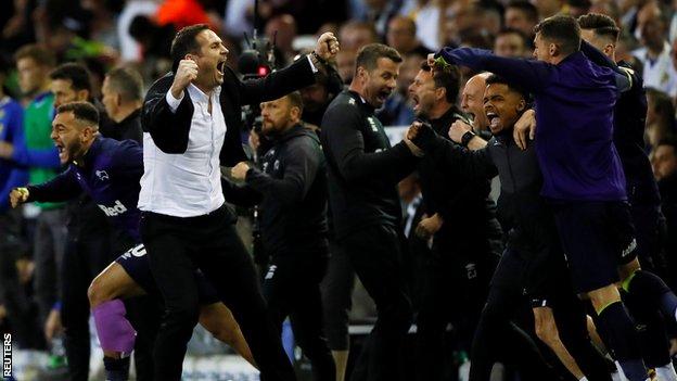Derby players and coaches celebrate at full-time against Leeds