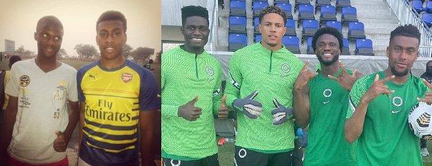 Terem Moffi with Alex Iwobi in 2015, and with Valentine Ozornwafor, Maduka Okoye and Iwobi in 2021