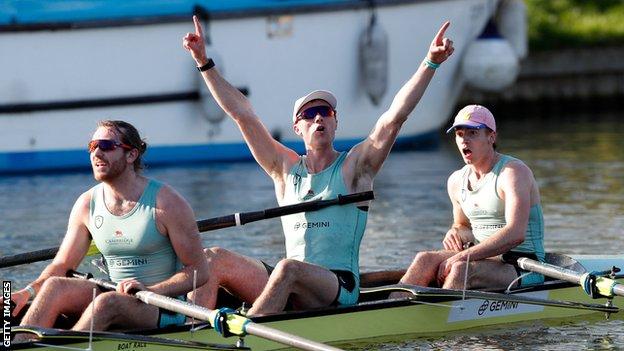 Cambridge celebrate winning the 2021 men's Boat Race