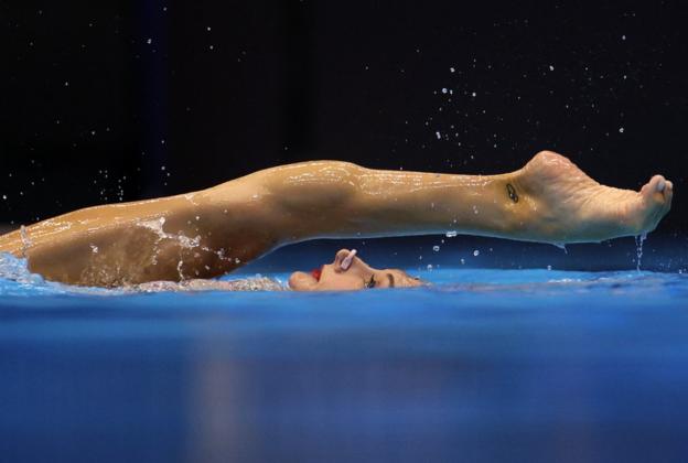Evangelia Platanioti competes in the artistic swimming solo free final at the World Aquatics Championships in Fukuoka, Japan