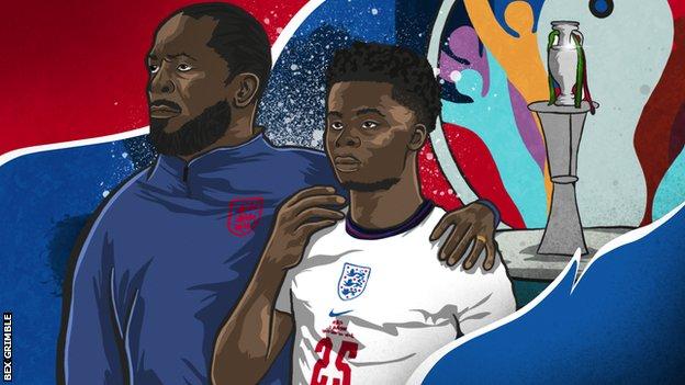 Illustration of Chris Powell supporting Bukayo Saka after England's Euro 2020 final loss