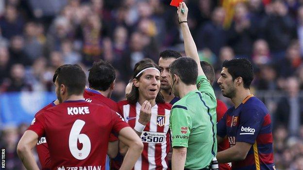 Filipe Luis is sent off for Atletico Madrid at Barcelona