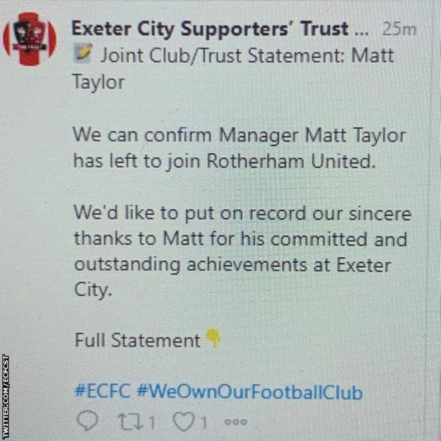 Exeter City Supporter's Trust tweet