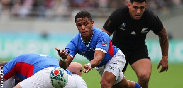 Damian Stevens in action for Nambia at the 2019 Rugby World Cup