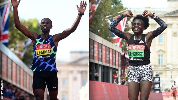 Sisay Lemma และ Joyciline Jepkosgei ชนะการแข่งขัน London Marathon elite race in