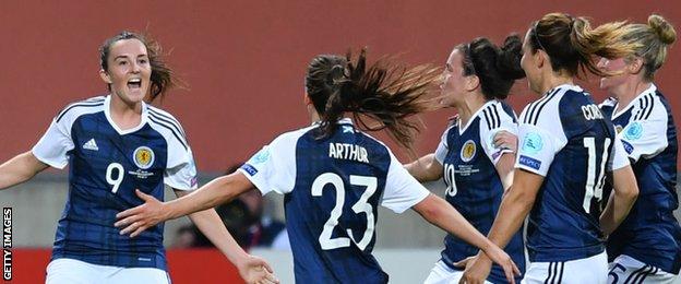 Scotland celebrate the winning goal by Caroline Weir (left)
