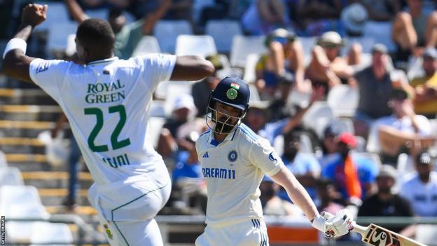 South Africa's Lungi Ngidi celebrates during the second Test against India