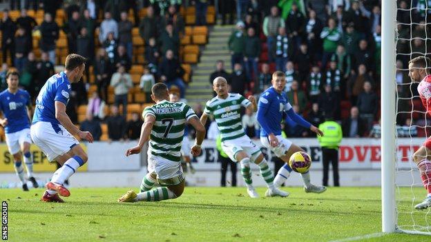 Giorgos Giakoumakis scores to make it 2-1 Celtic during a cinch Premiership match between St Johnstone and Celtic at McDiarmid Park