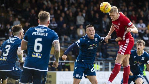 Sam Cosgrove rises highest in the box to head in Aberdeen's second goal