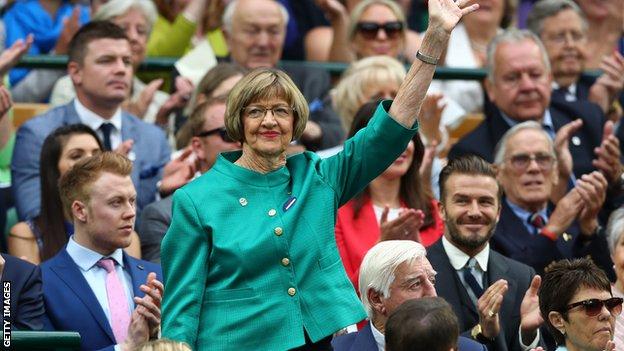 JULY 02: Margaret Court is announced to the crowed on day six of the Wimbledon Lawn Tennis Championships at the All England Lawn Tennis and Croquet Club on July 2, 2016 in London, England.
