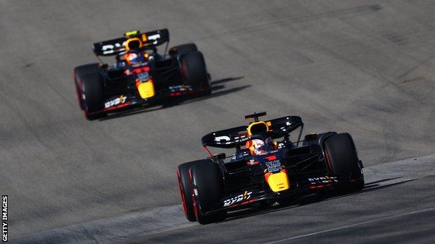 Max Verstappen and Sergio Perez in Red Bull cars