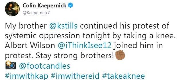 Colin Kaepernick tweeted about Kenny Stills' protest