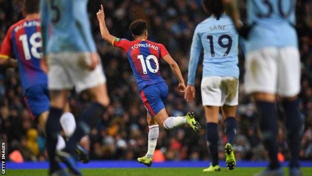 Andros Townsend celebrates scoring for Crystal Palace against Manchester City at Etihad Stadium in 2018