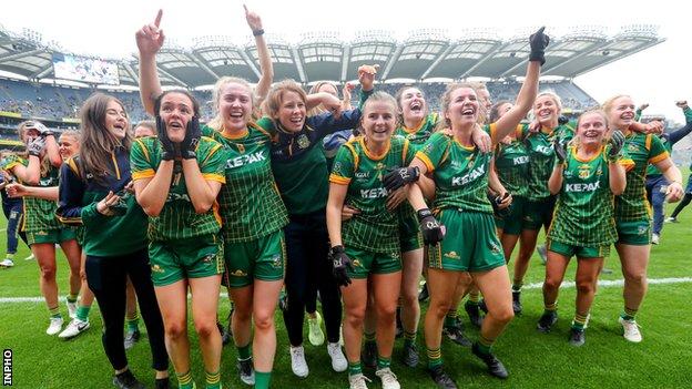 Meath players celebrate after beating Dublin