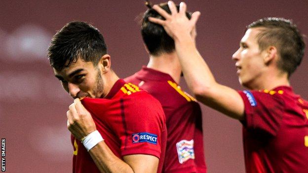 Ferran Torres celebrates scoring for Spain against Germany in the Nations League