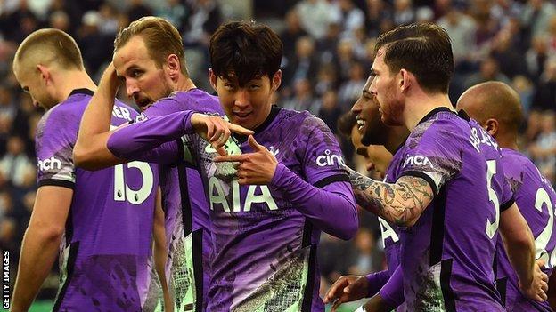 Tottenham Hotspur's Son Heung-Min celebrates with teammates