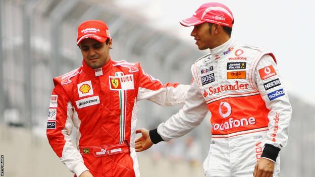 Felipe Massa and Lewis Hamilton embrace at the Brazilian Grand Prix in 2008