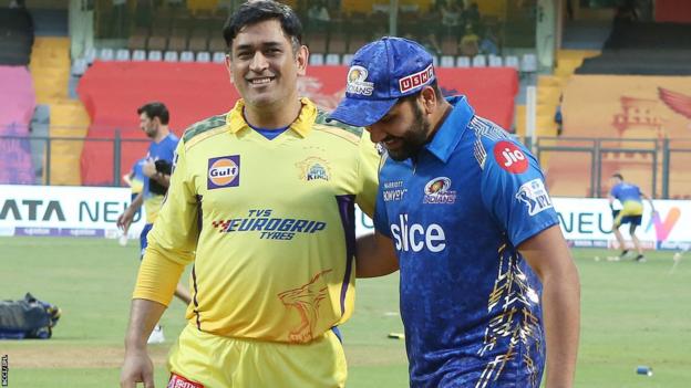 MS Dhoni and Rohit Sharma speak before the toss in a Chennai Super Kings v Mumbai Indians IPL match