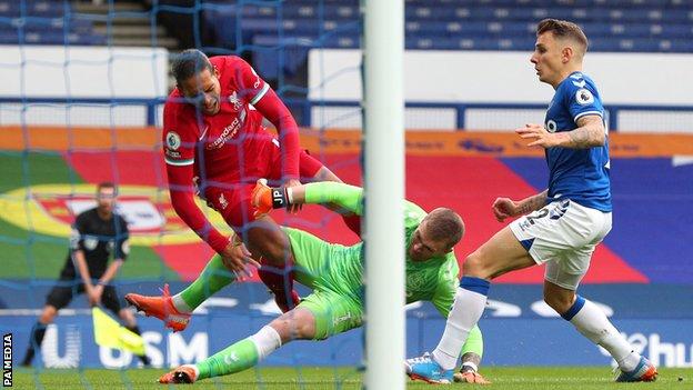 Virgil van Dijk could not continue after Jordan Pickford's challenge on him in the first half of the Merseyside derby