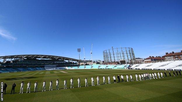 Players, officials and coaching staff observed a minute's silence in the match between Surrey and Leicestershire at The Kia Oval