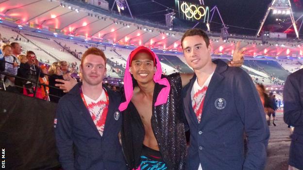 Del Mak with gymnasts Daniel Purvis and Kristian Thomas at the London 2012 closing ceremony