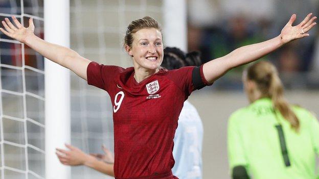 Ellen White celebrates one of her goals for England against Luxembourg