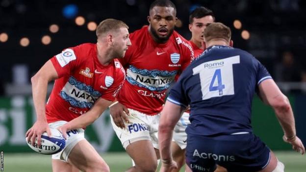 Finn Russell, Hassane Kolingar of Racing 92 during the Champions Cup rugby match between Racing 92 and Sale Sharks at Paris La Defense Arena