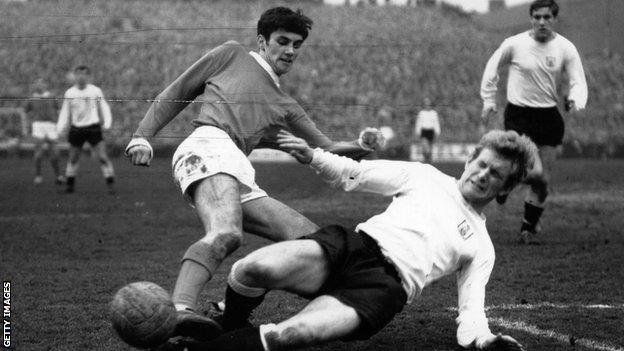 George Best in action against Fulham as a 17-year-old in March 1964 a month before making his Northern Ireland debut against Wales