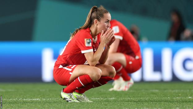 Switzerland's players react after the full time whistle following defeat to Spain at the Fifa Women's World Cup