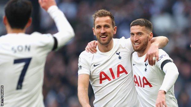 Harry Kane celebrates after scoring against West Ham