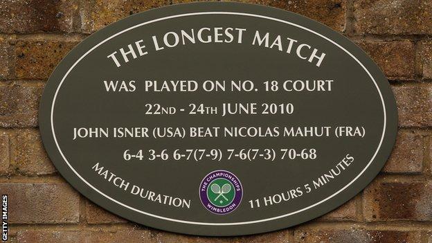 A plaque on court 18 at Wimbledon that commemorates the 2010 Wimbledon first-round match between John Isner and Nicolas Mahut