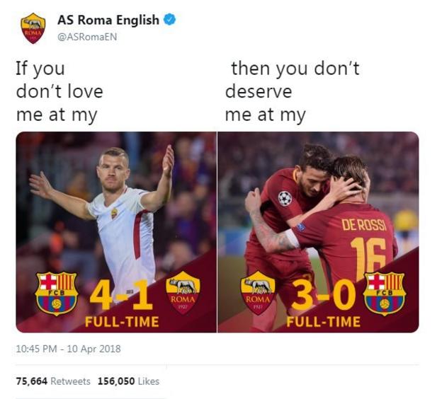 Roma's twitter account celebrates their comeback against Barcelona