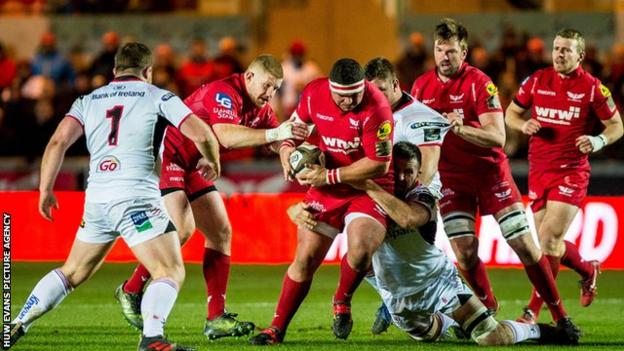 Werner Kruger of Scarlets tries to break through the Ulster defence