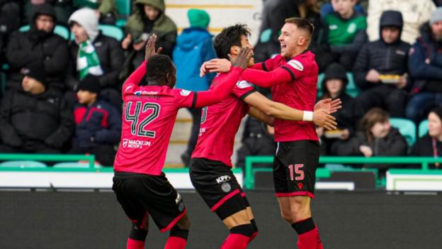 St Mirren's Caolan Boyd-Munce (R) and Hyeokkyu Kwon celebrate after Alex Gogic (not in frame) scores to make it 1-0 during a cinch Premiership match between Hibernian and St Mirren at Easter Road Stadium, on February 03, 2024, in Edinburgh, Scotland.