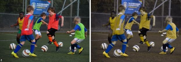 Children playing football wearing bibs. In the first image the bibs are different colours. In the second one the orange, green and yellow bibs all look the same colour