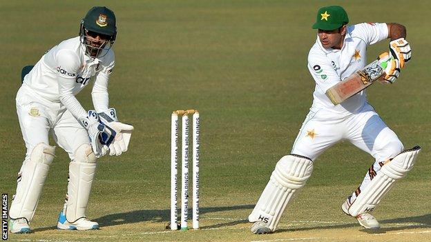 Pakistan opener Abid Ali plays a shot against Bangladesh