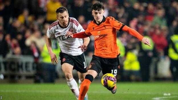 Dylan Levitt playing for Dundee United against Aberdeen