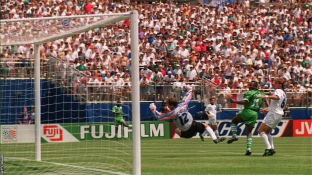 Emmanuel Amuneke scores for Nigeria against Italy at the 1994 World Cup