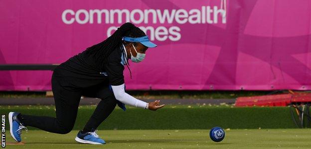Botswana's Lephai Marea Modutlwa competes in the lawn bowls at the Commonwealth Games in Birmingham