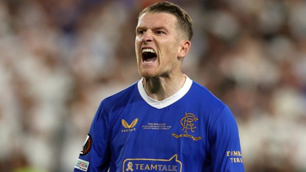 Steven Davis celebrates scoring for Rangers in the penalty shootout defeat by Eintracht Frankfurt in the 2022 Europa League final