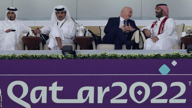 Fifa president Gianni Infantino (2ndR) and Saudi Arabia's Crown Prince Mohammed bin Salman al-Saud during the Fifa World Cup Qatar 2022