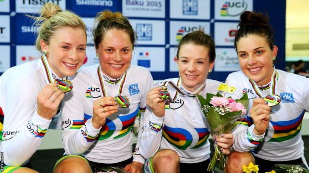 Australia women's cycling team with gold medals. Melissa Hoskins is on the right.